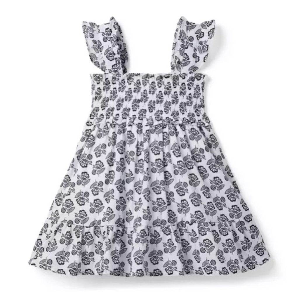 Janie and Jack The Emily Floral Woodblock smocked sundress white black Size 7